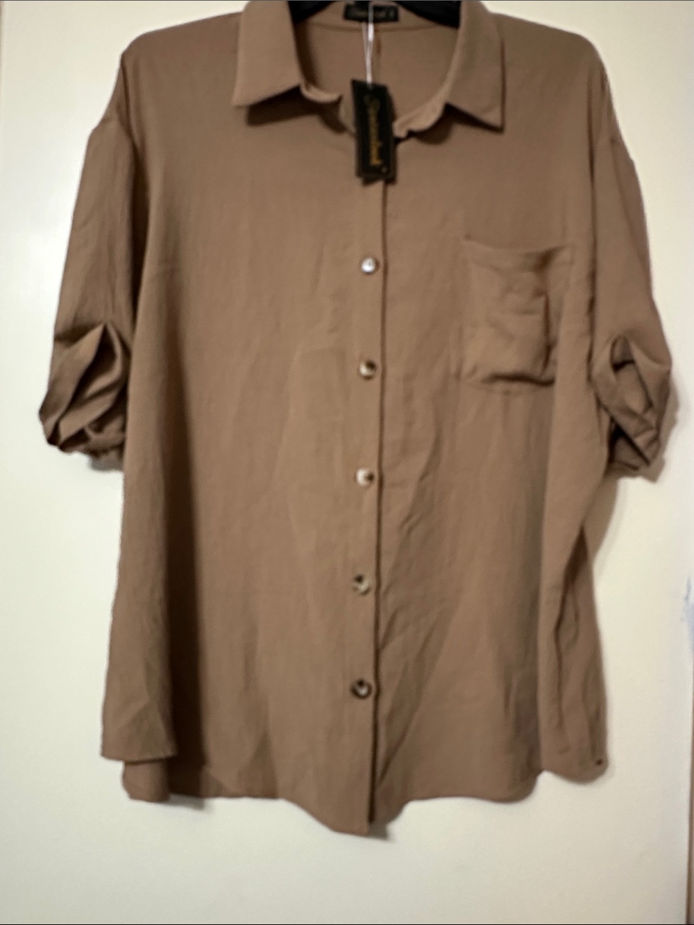 Women Relaxed Tan Button-Down Short Sleeve Shirt by Garmentory